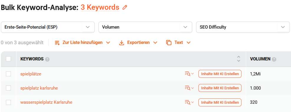 Screenshot der Ubersuggest-Keyword-Suche für Spielplätze, Spielplätze Karlsruhe und Wasserspielplatz Karlsruhe mit unterschiedlichen Suchvolumina